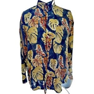 Vintage Hawaiian Shirt Bobbio Long Sleeve Button Up Palm Leaves Blue‎ Medium Dad